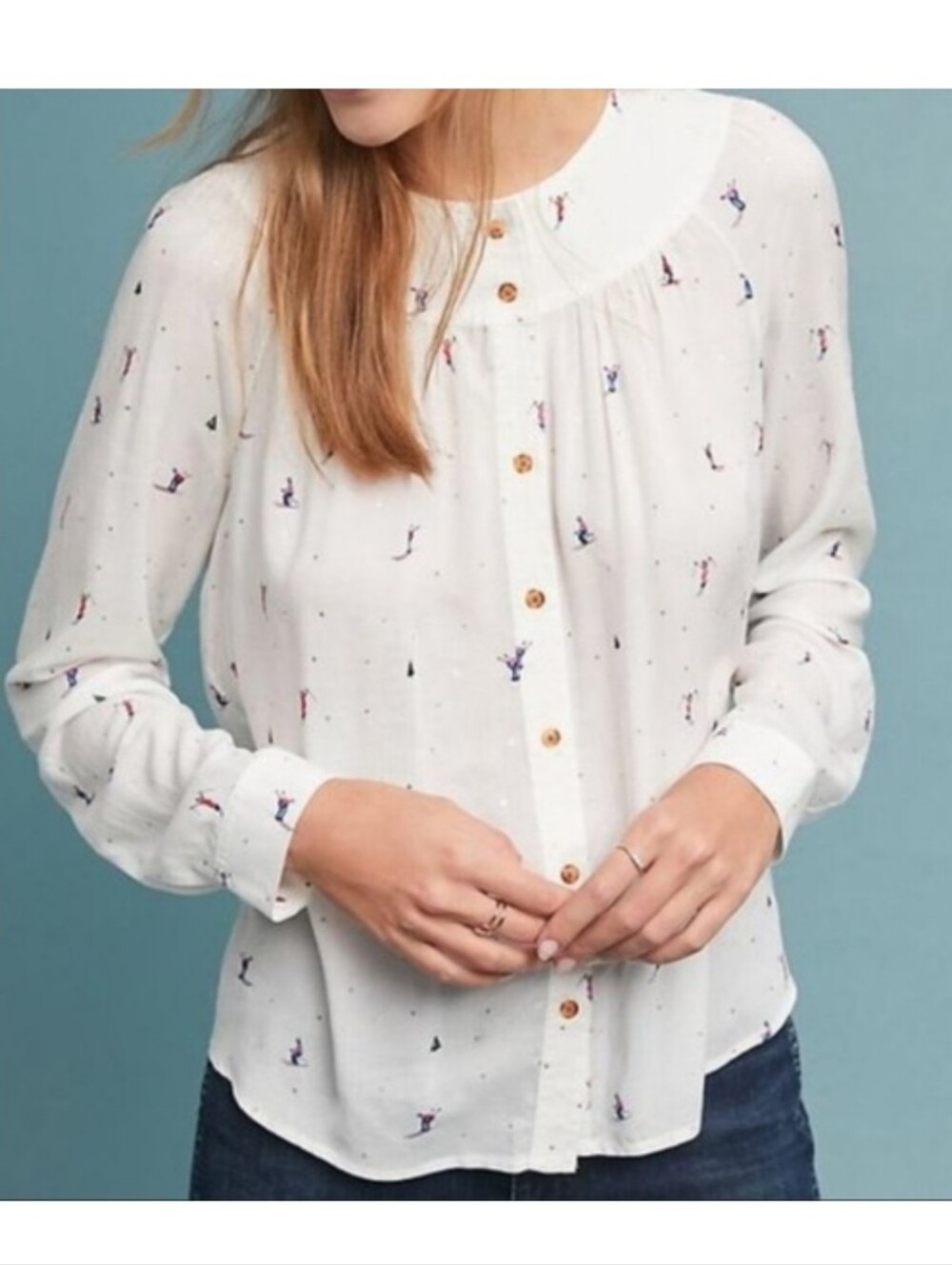 Anthropologie Conversations Ski Graphic Button Down Blouse